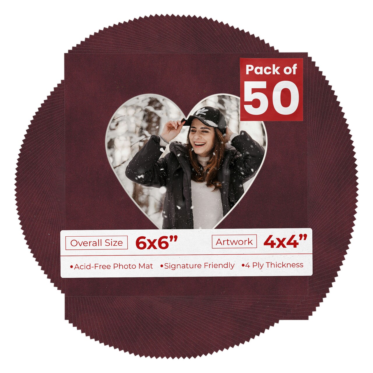 Dark Red Suede Mat Board for 6x6 Frames - Heart Opening for 4x4 Photos